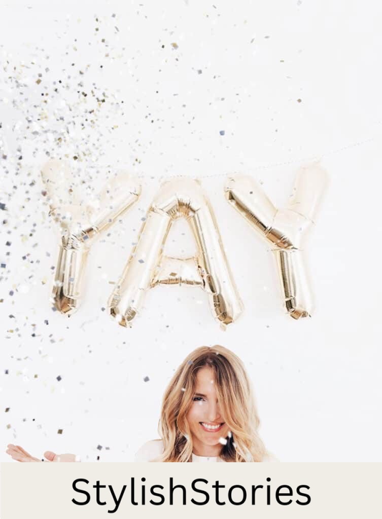 an image of a woman against a white background with silver balloons that spell out the word 