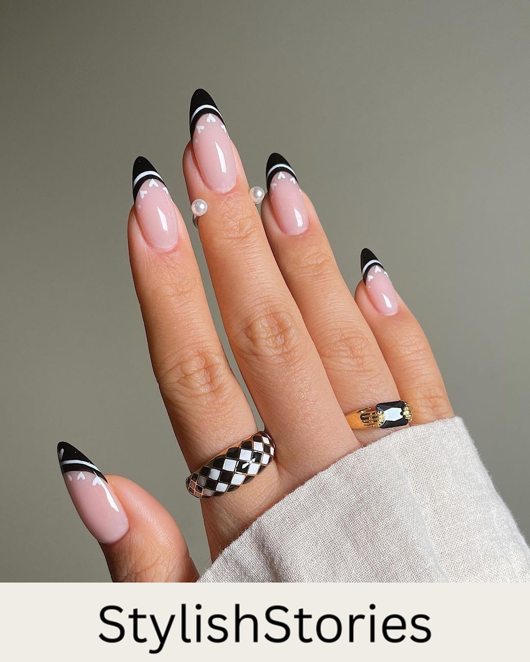 Black & White French Tip with Delicate Heart Accents