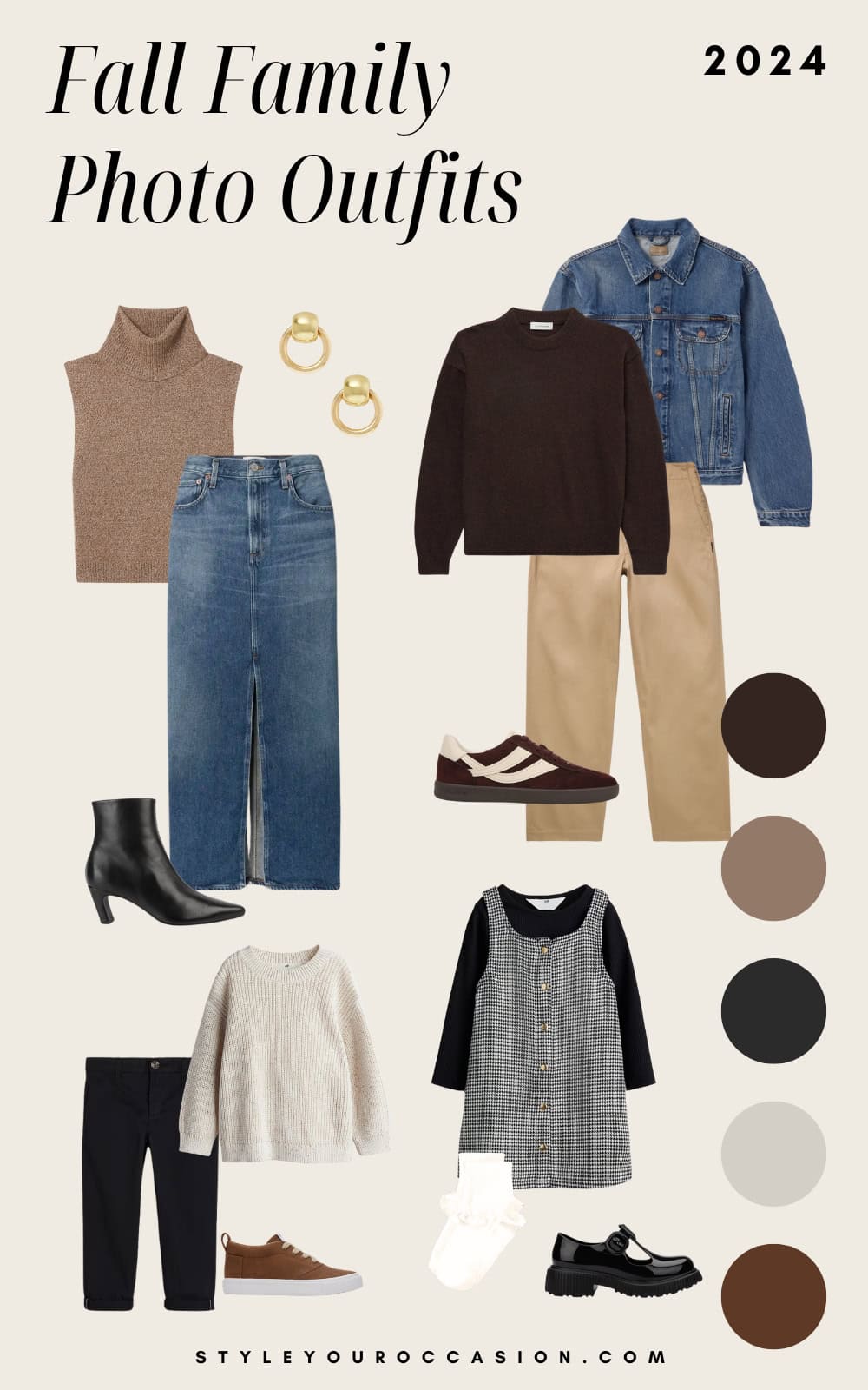 an image board for fall family outfits featuring warm brown tones
