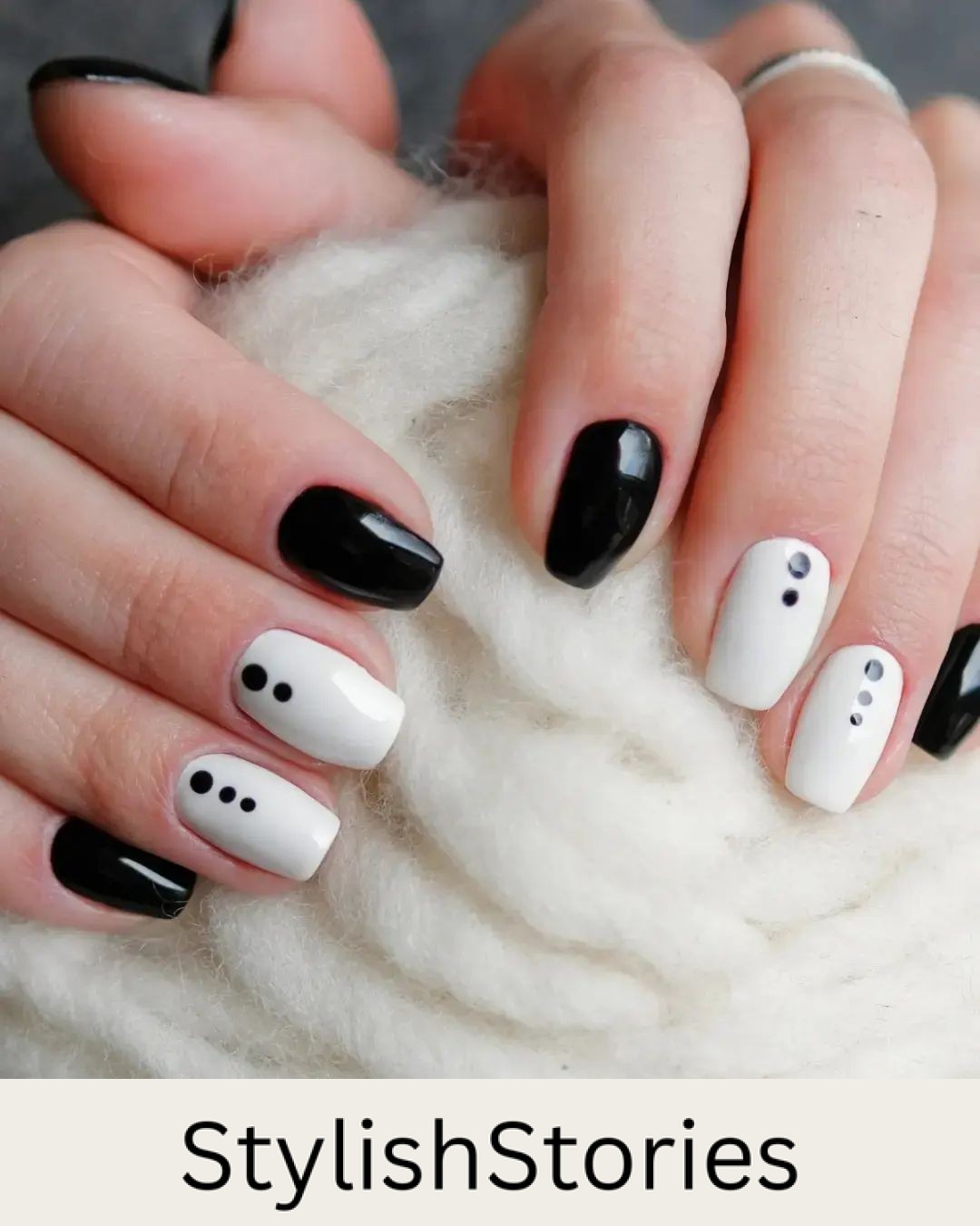 Miimalist Black and White Nails with Dotted Accents
