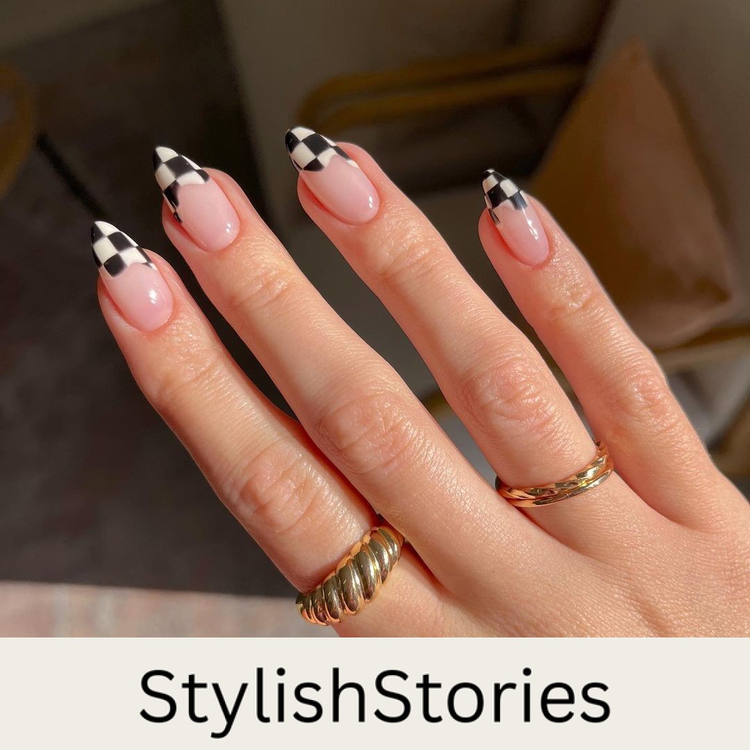 Black and White Checkered French Mani
