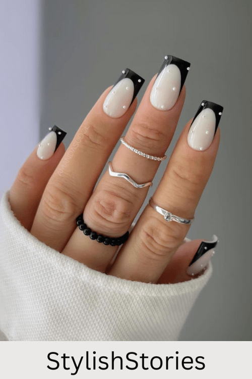 Black French Tips with Pearls
