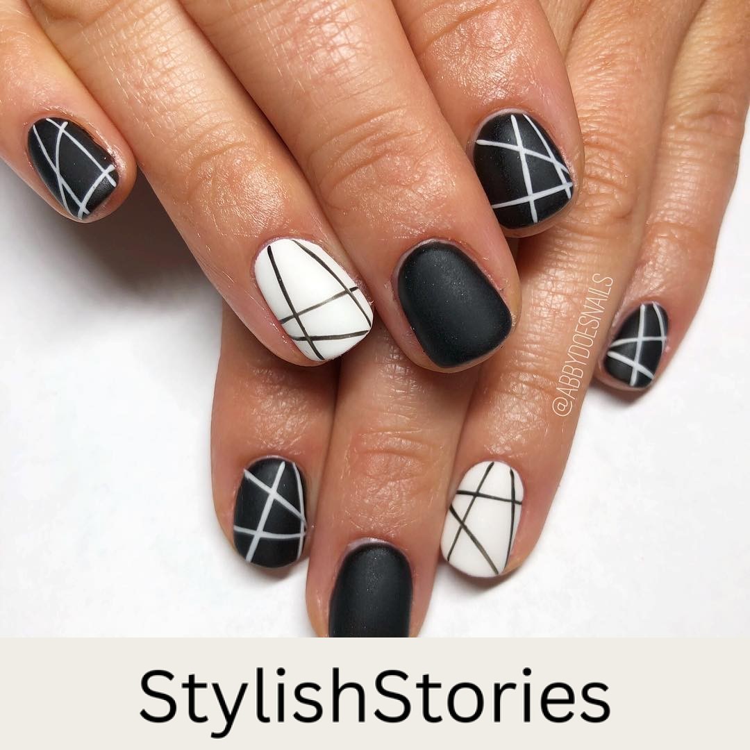 Matte Black and White Geometric Nails