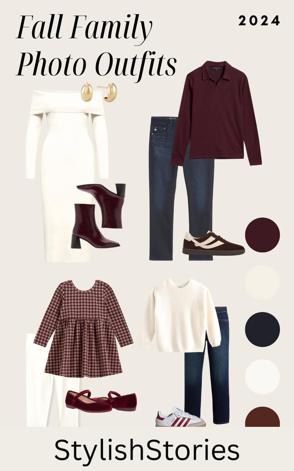an image board for fall family outfits featuring burgundy, ivory, and blue