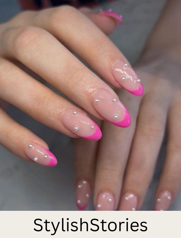Pearl-Adorned Hot Pink French Mani