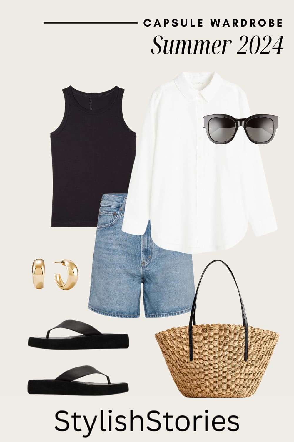 outfit graphic with denim shorts, a black tank top, white button-up shirt, straw tote, and chunky black sandals for a summer capsule wardrobe