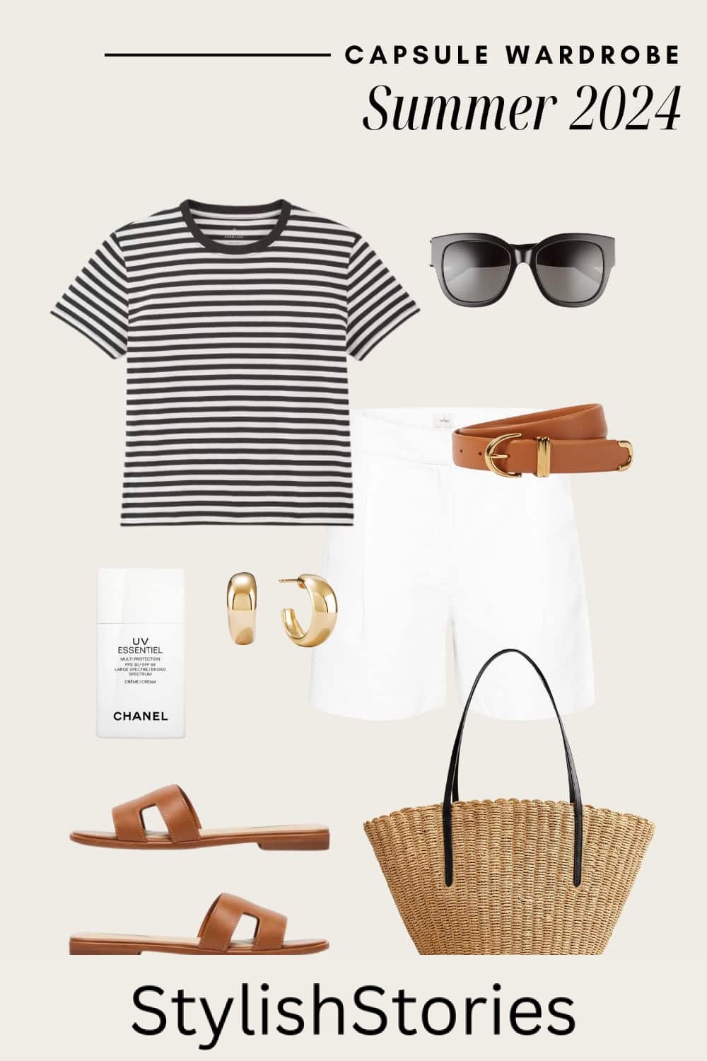 outfit graphic with a striped black and white t-shirt, pleated white linen shorts, brown sandals, and a basket bag