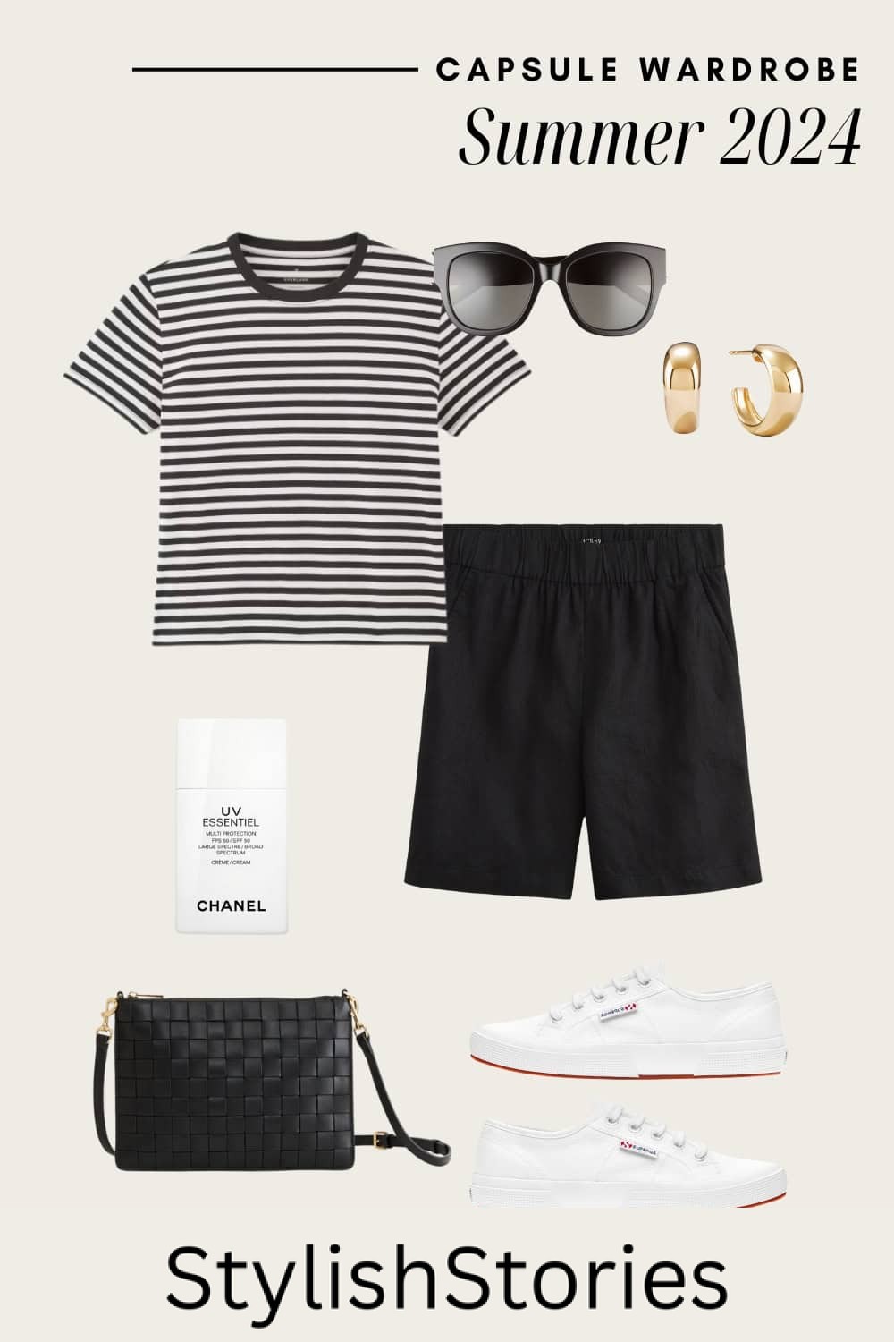 outfit graphic with a striped black and white t-shirt, black linen shorts, white sneakers, and a black woven crossbody bag