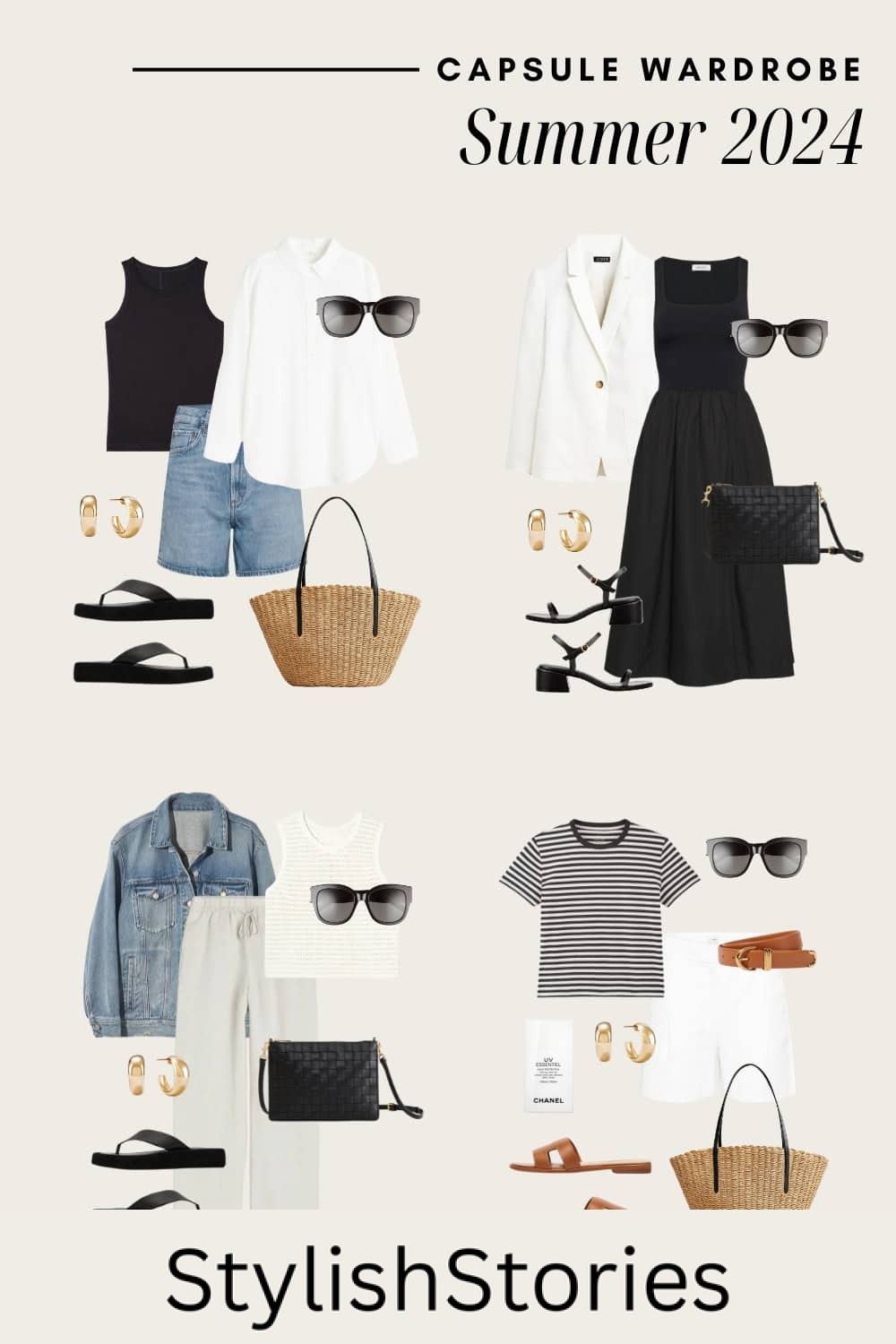 collage of summer capsule wardrobe outfits with neutral summer clothing and accessories