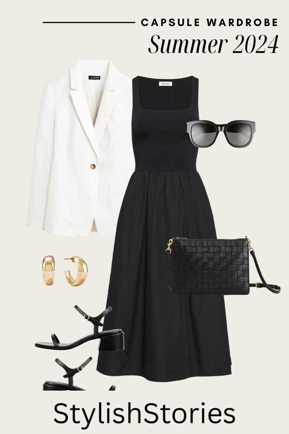 outfit graphic with a black summer dress, white linen blazer, black heeled sandals, and woven black leather bag