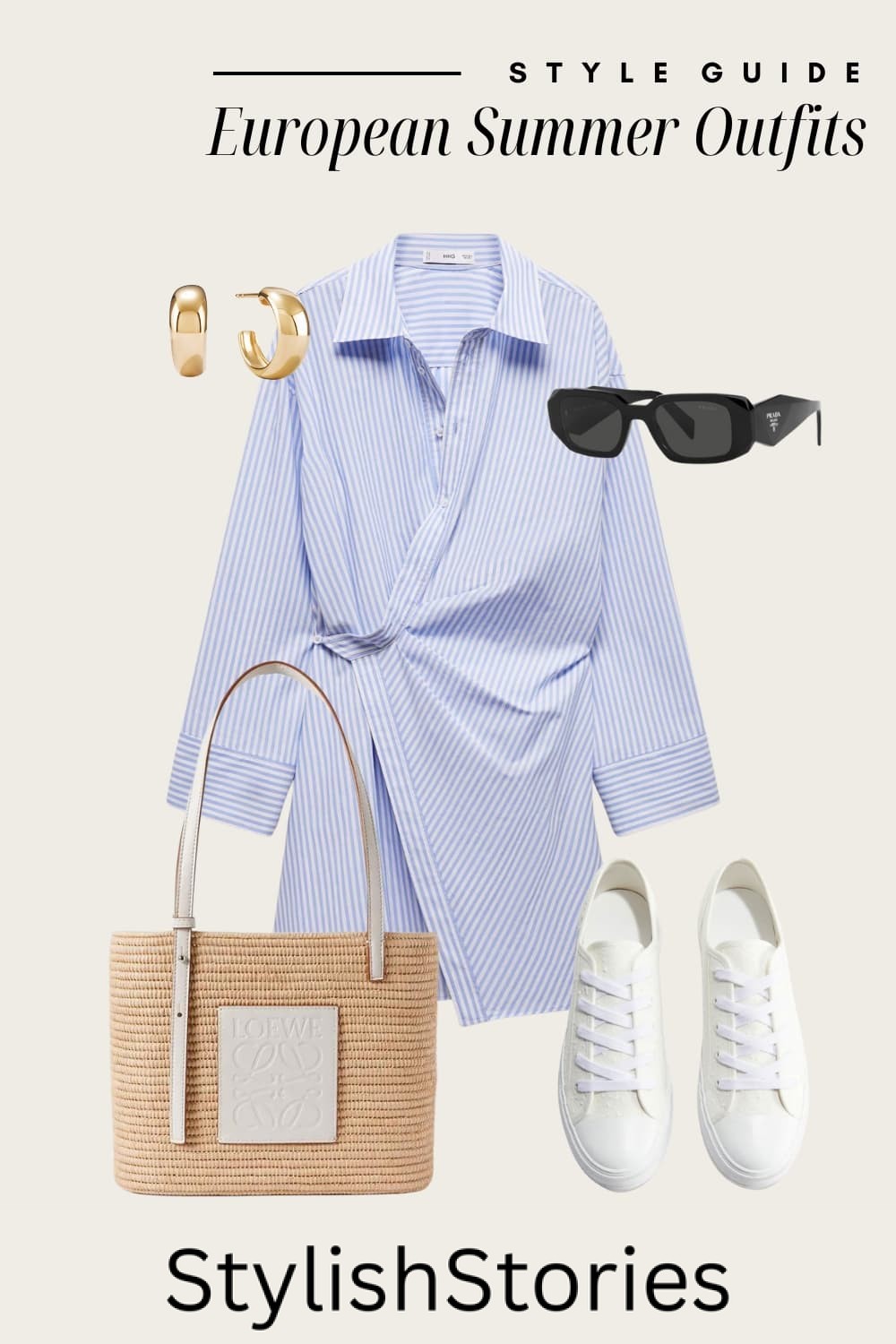 Outfit graphic of a blue and white striped wrap dress and white sneakers with a raffia bag.
