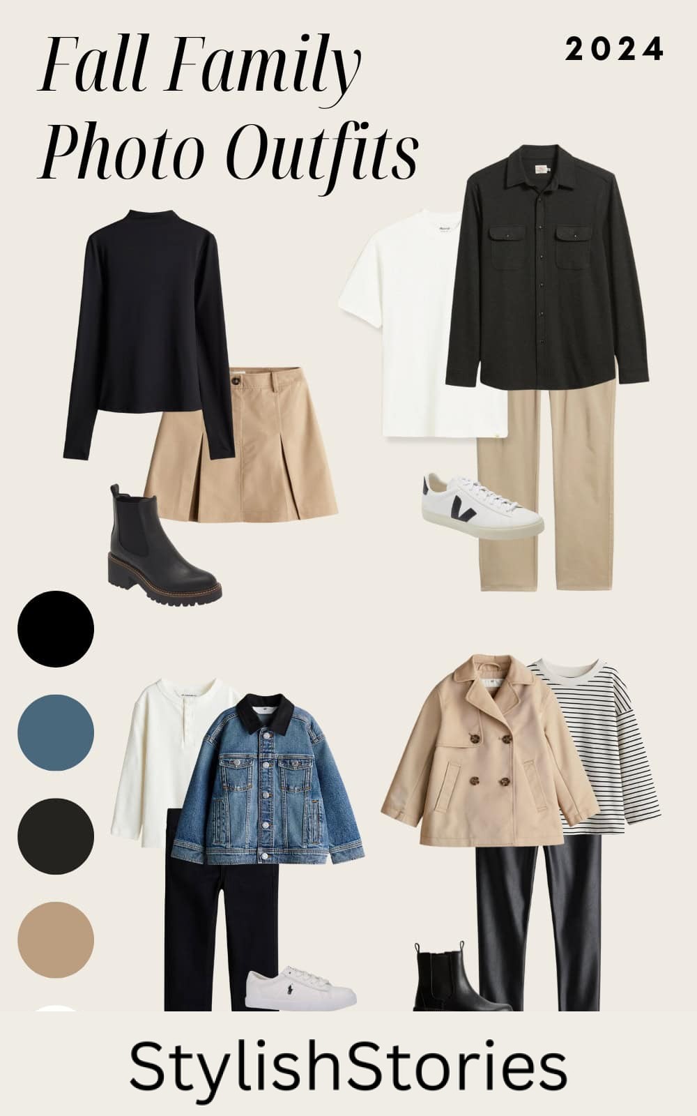 an image board for fall family outfits featuring black, tan, and ivory tones