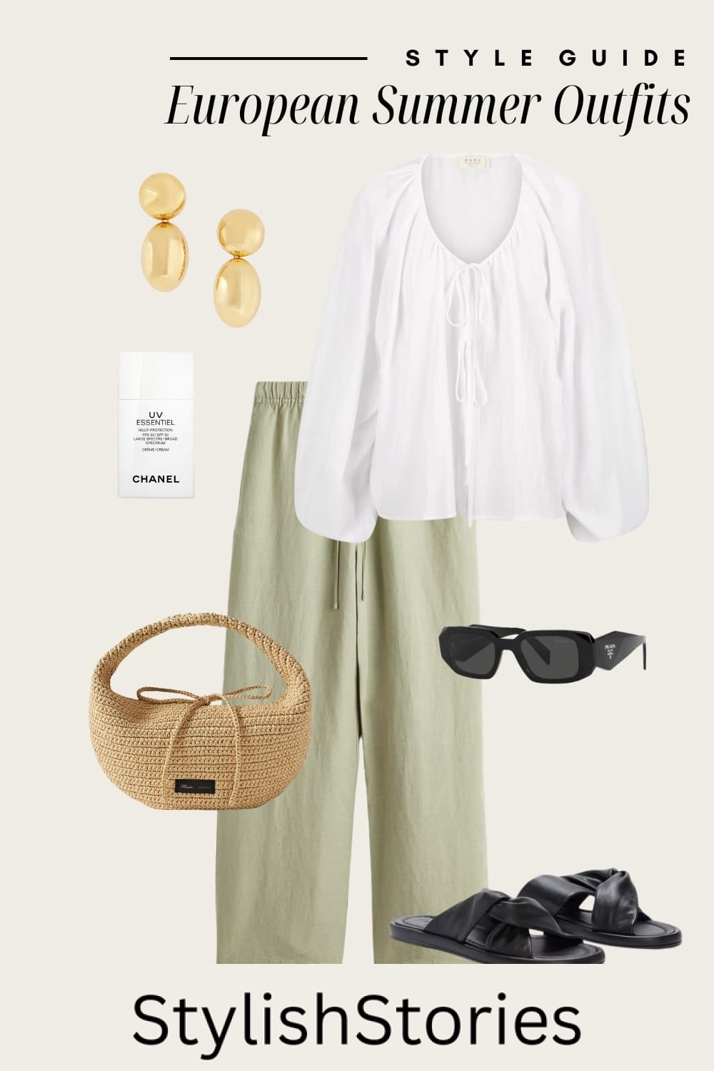 Outfit graphic of green linen pants, a white peasant top, black sandals and a raffia bag.