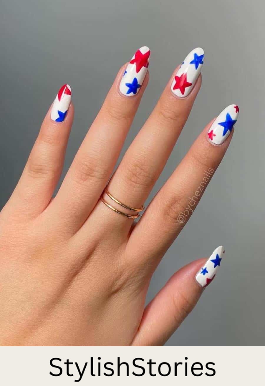long white almond nails with red and blue stars