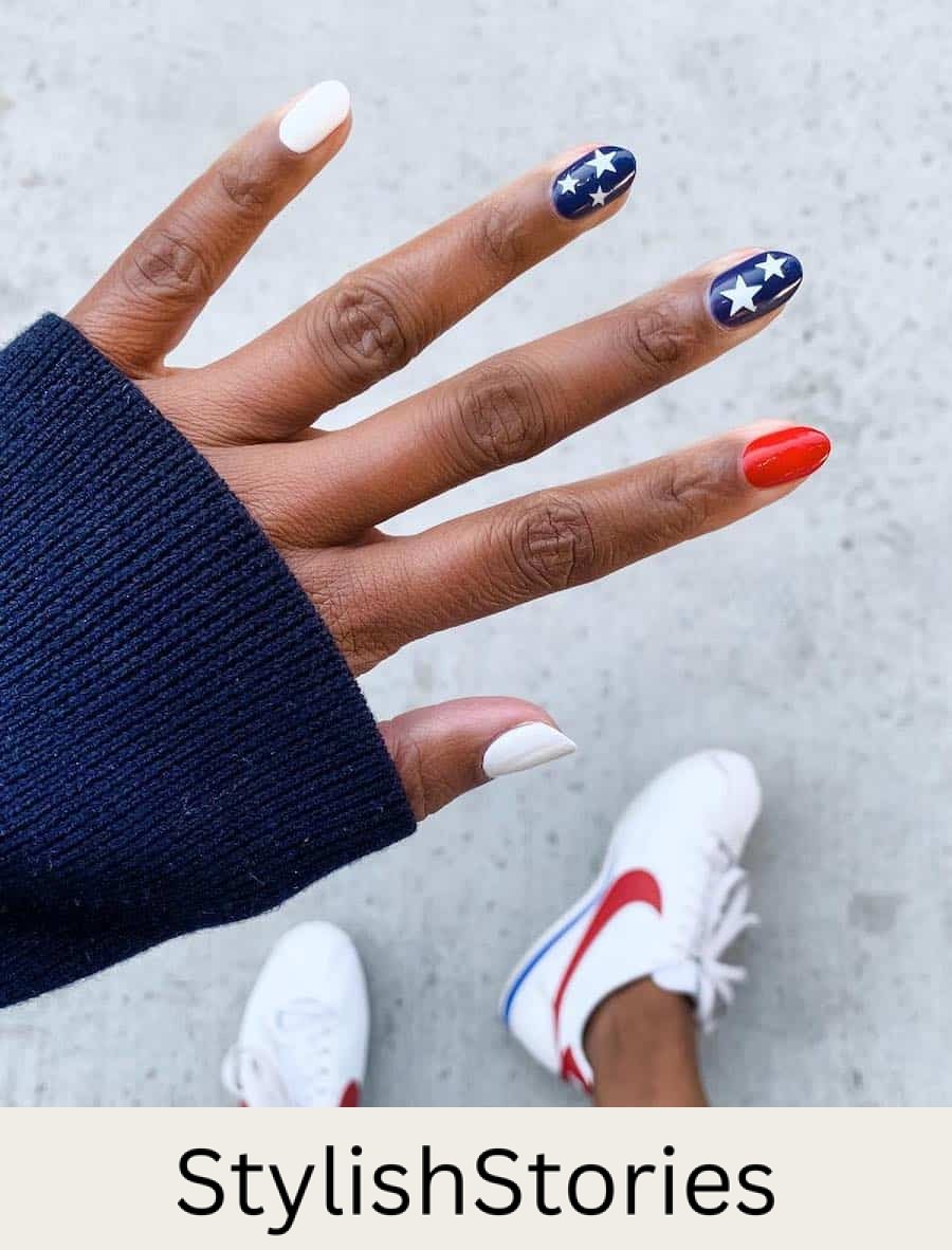 short red, white and blue nails with white stars on the blue nails