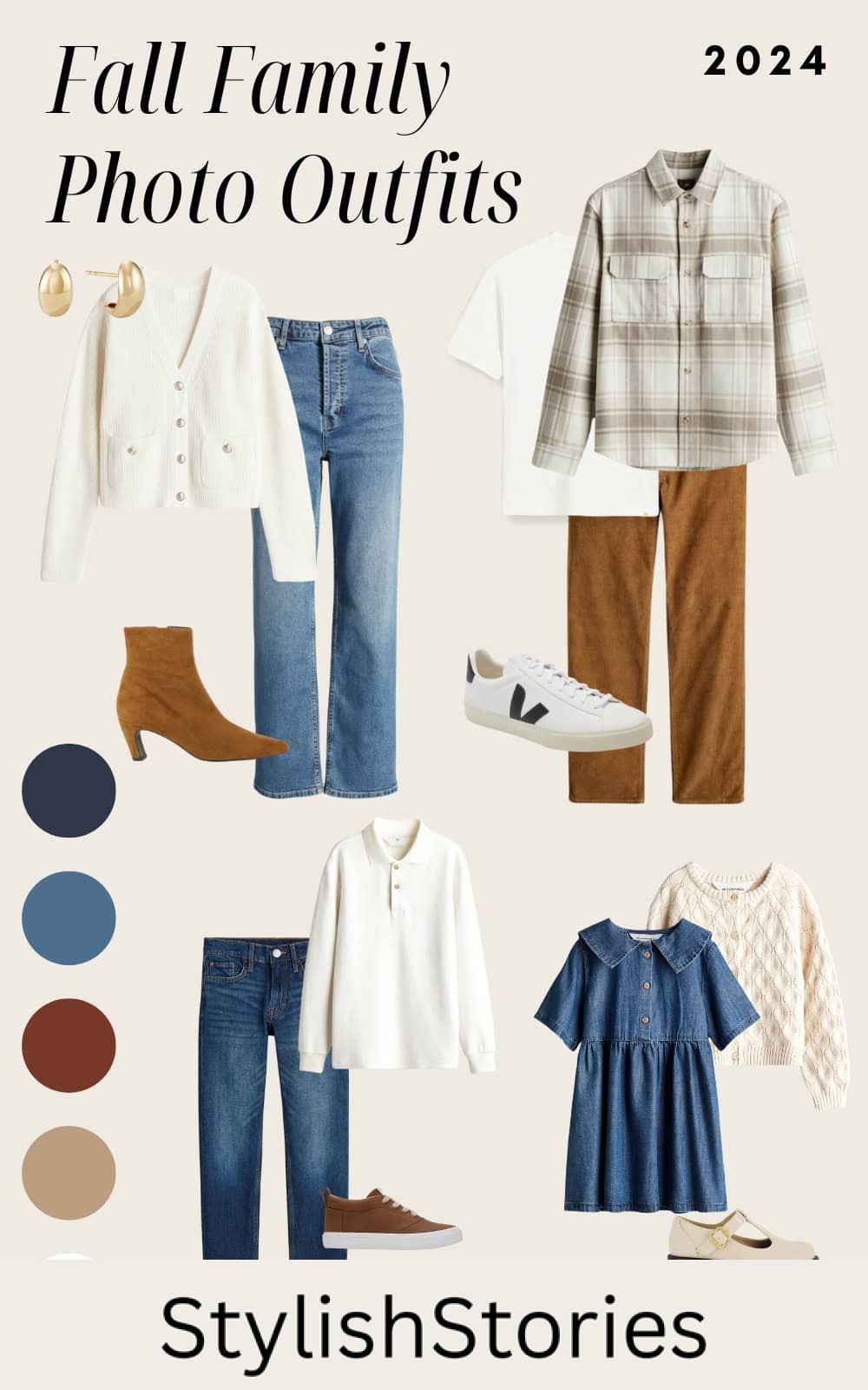 an image board for fall family outfits featuring beige, tan, blue, and ivory tones