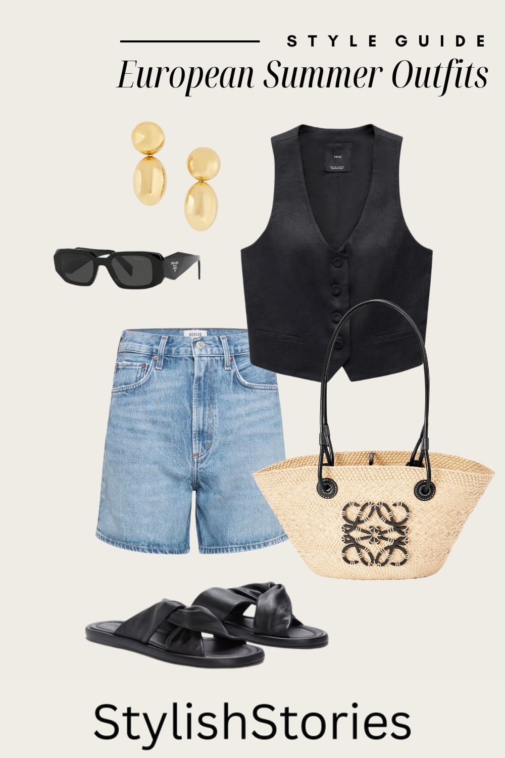 Outfit graphic of denim Bermuda shorts, a black vest top and black sandals.