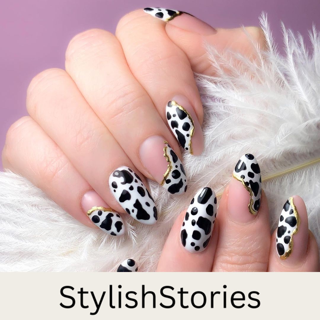 Chic Golden Edged Cow Print Nails