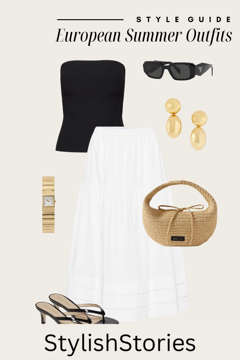 Outfit graphic of white midi skirt, a black tube top, black heeled sandals, a raffia bag and gold accessories.