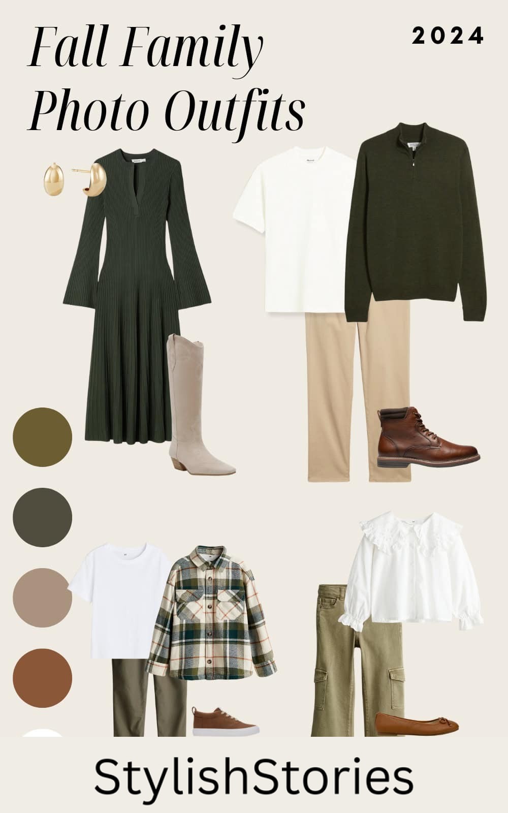an image board for fall family outfits featuring green and brown tones