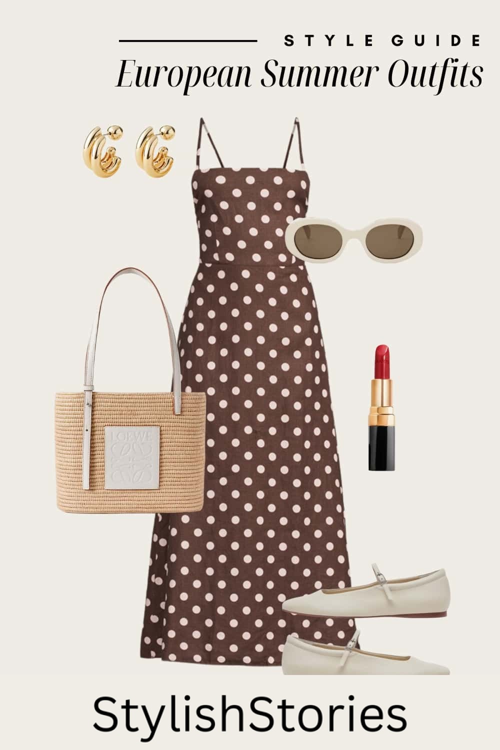 Outfit graphic of a brown and white polka dot midi dress with Mary Jane flats, and a raffia bag.