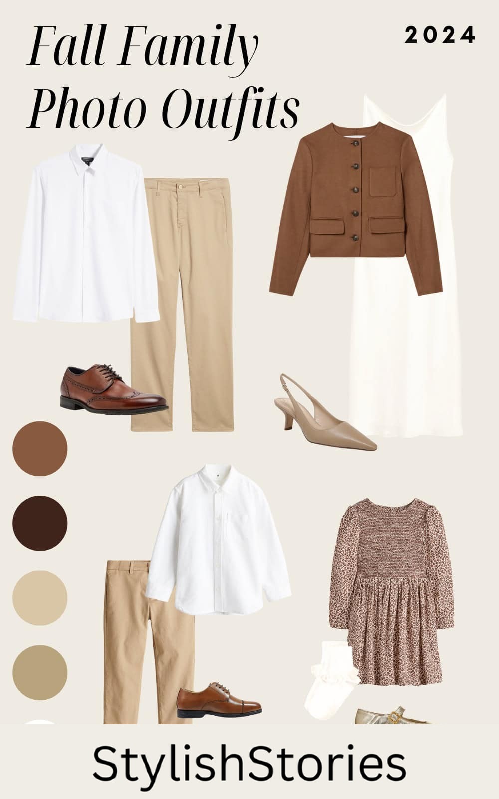 an image board for fall family outfits featuring brown and ivory tones