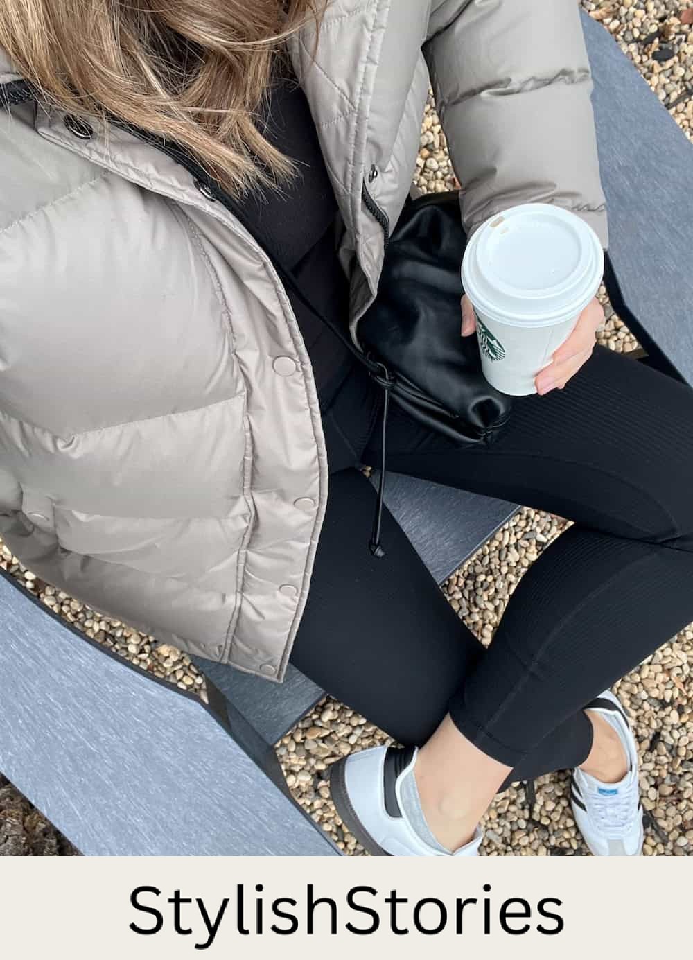 Christal wearing leggings and a puffer coat with sambas.
