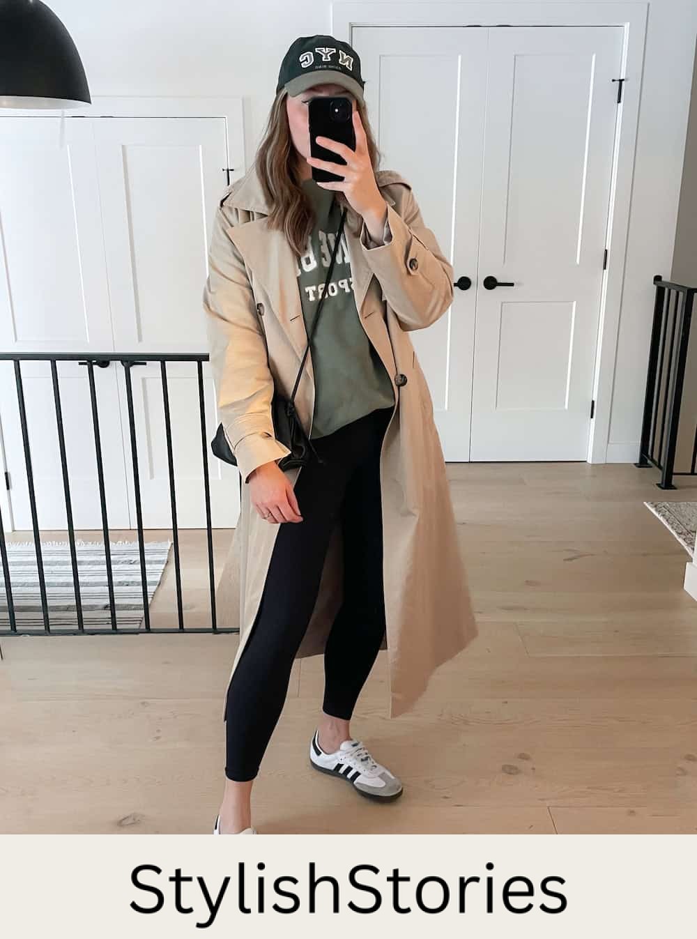 Christal wearing leggings with a crewneck sweatshirt and a trench coat with sambas.