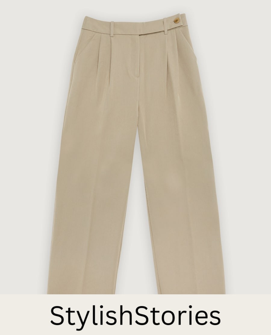 Image of a pair of dark beige wide-leg pleated trousers