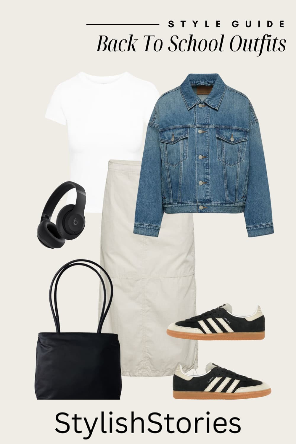 Flat lay outfit graphic of a cargo midi skirt with a white t-shirt and a denim jacket with sneakers.
