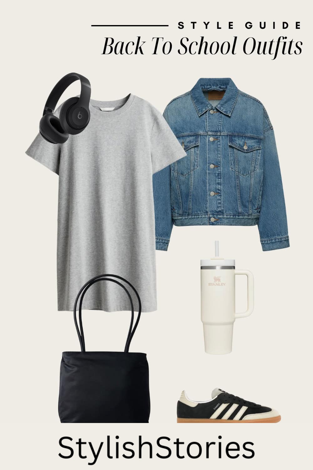Flat lay outfit graphic of a t-shirt dress with a denim jacket and sneakers.