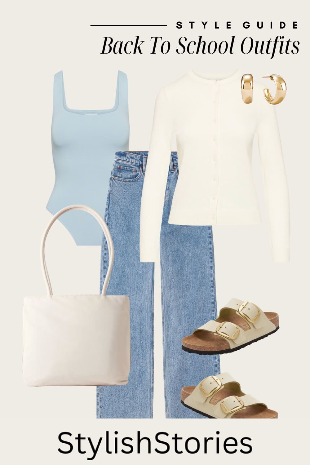 Flat lay outfit graphic of jeans, a bodysuit tank and a white long sleeve shirt with white Birkenstock sandals.