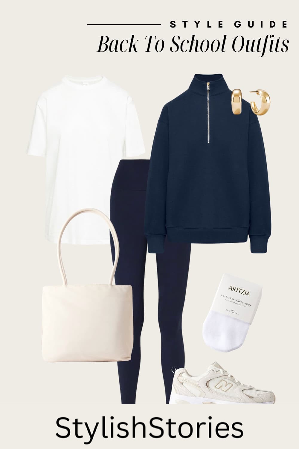 Flat lay outfit graphic of leggings, a navy quarter zip and a white baggy t-shirt with sneakers.