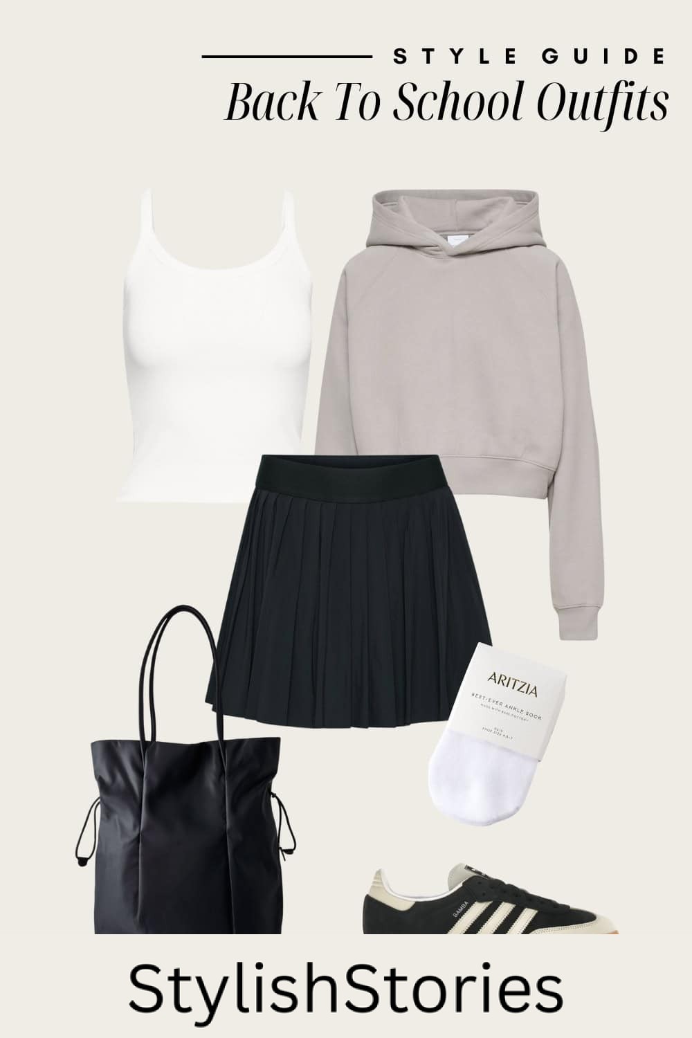 Flat lay outfit graphic of a pleated tennis skirt with a white tank top and a grey hoodie with sneakers.