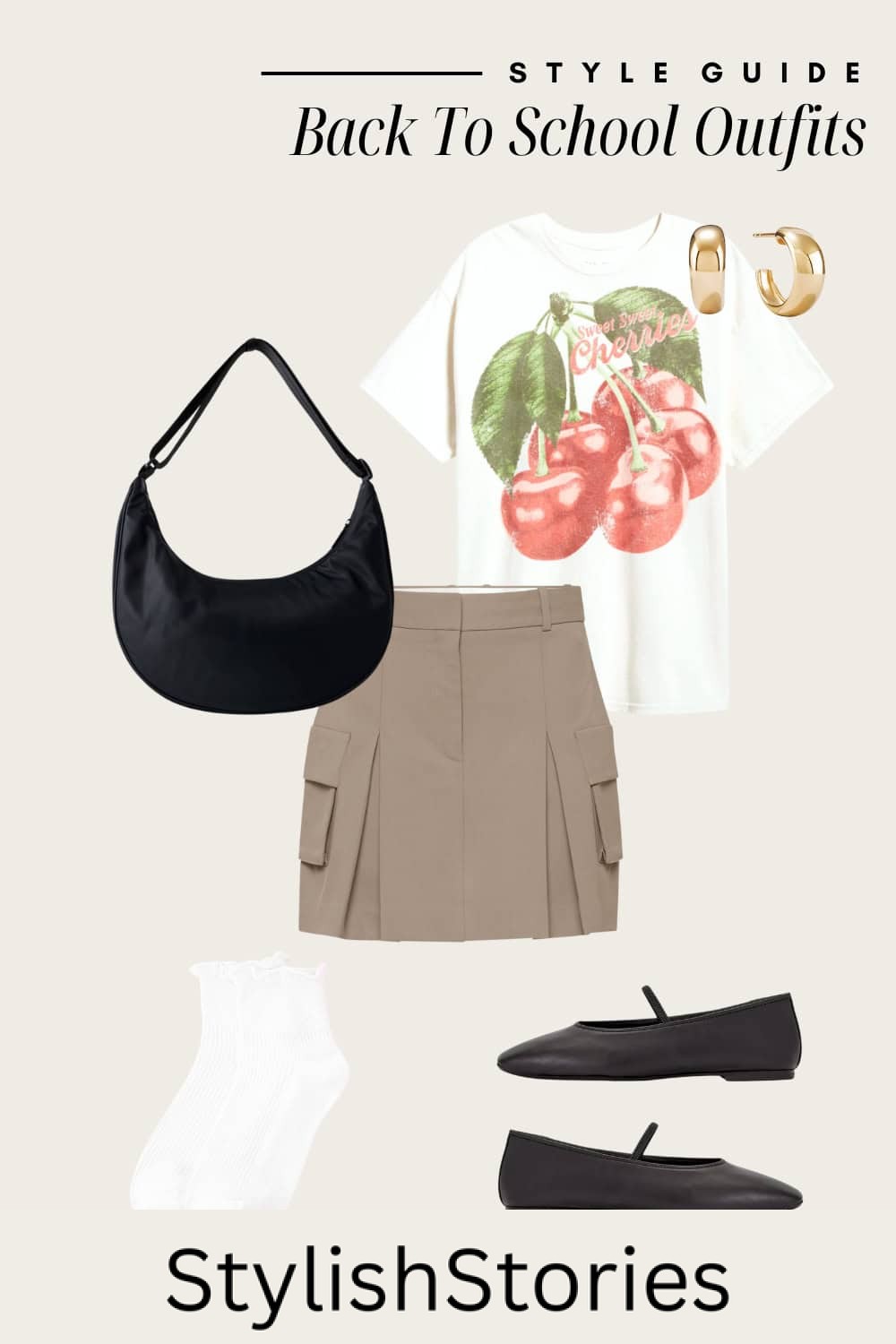 Flat lay outfit graphic of tan cargo mini skirt with a white graphic tee and ballet flats.