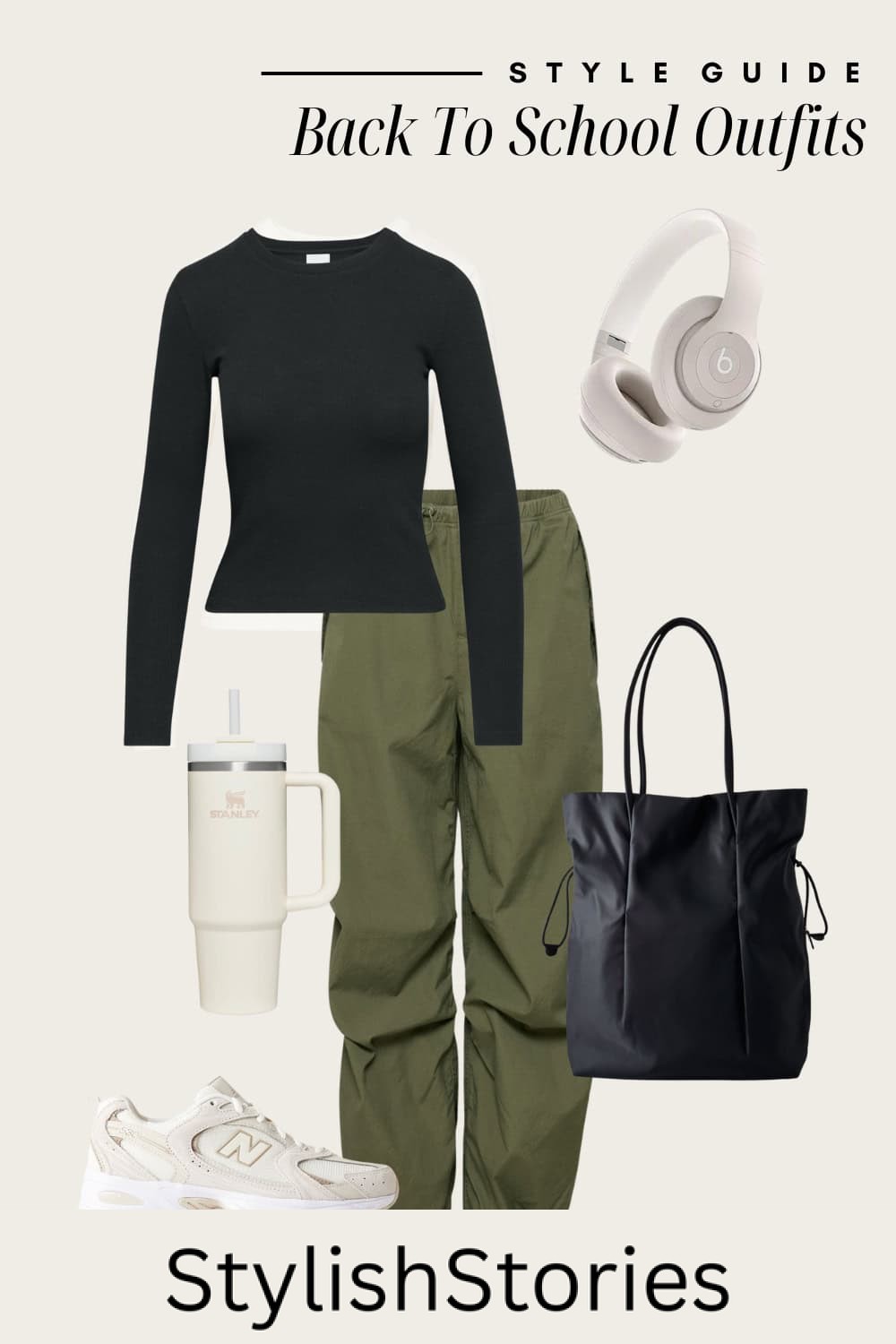 Flat lay outfit graphic of green cargo joggers, a black long sleeve shirt and sneakers.