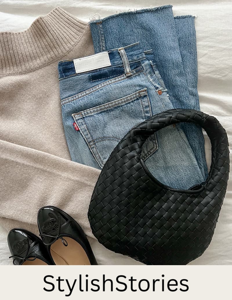 outfit flatlay with a beige sweater, re/done jeans, a black Bottega Veneta jodie bag dupe and black Chanel ballet flats