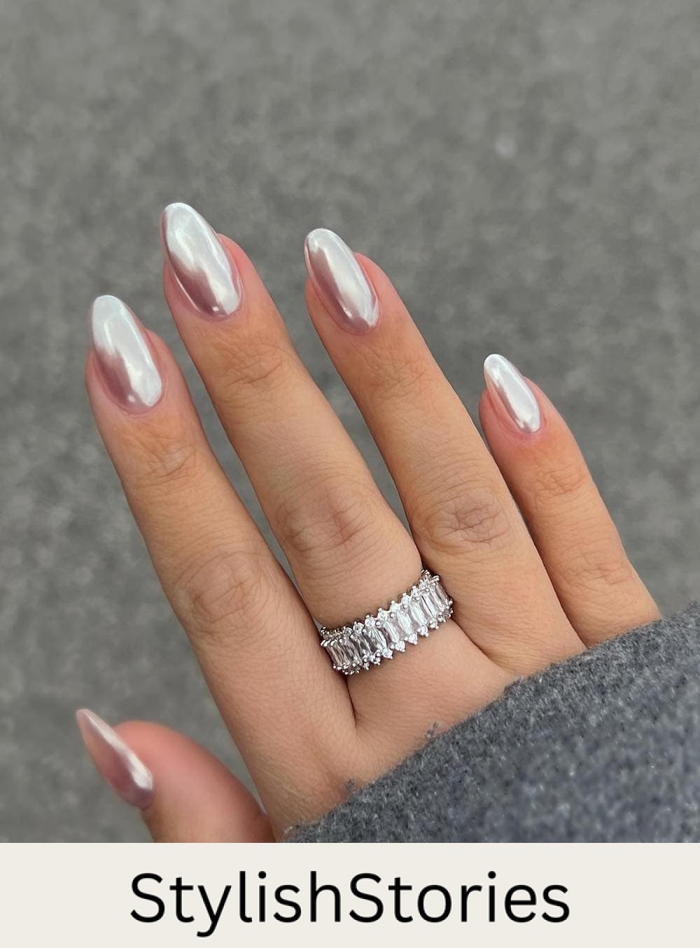 long almond nails with chrome polish