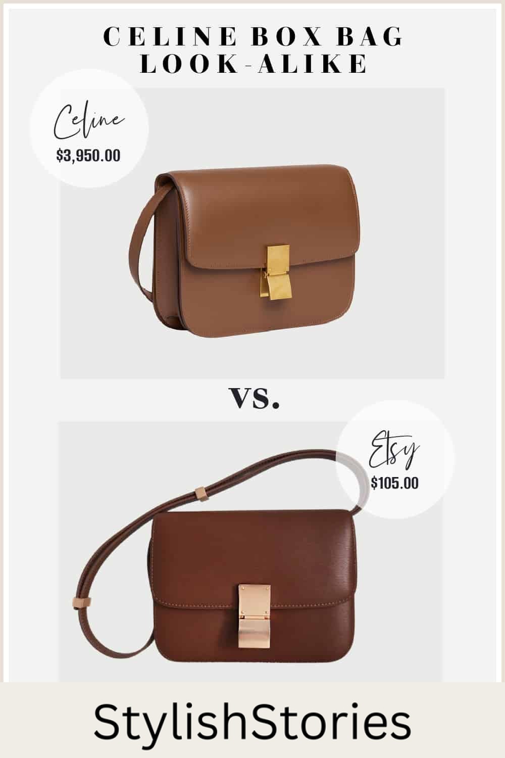 image comparing two brown leather box bags that look similar