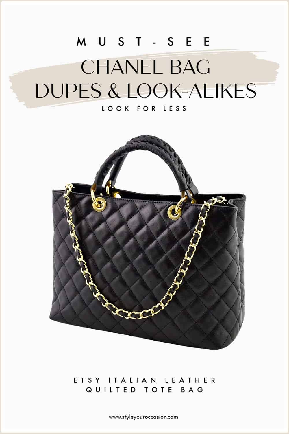 An image of a quilted Chanel tote bag dupe from Etsy