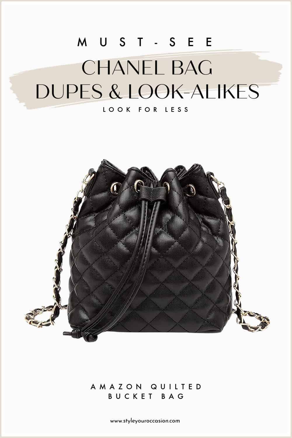 An image of a quilted bucket bag Chanel dupe from Amazon