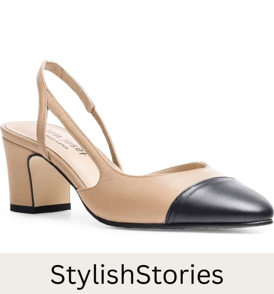 image of a Chanel slingback dupe in beige with a black cap toe detail