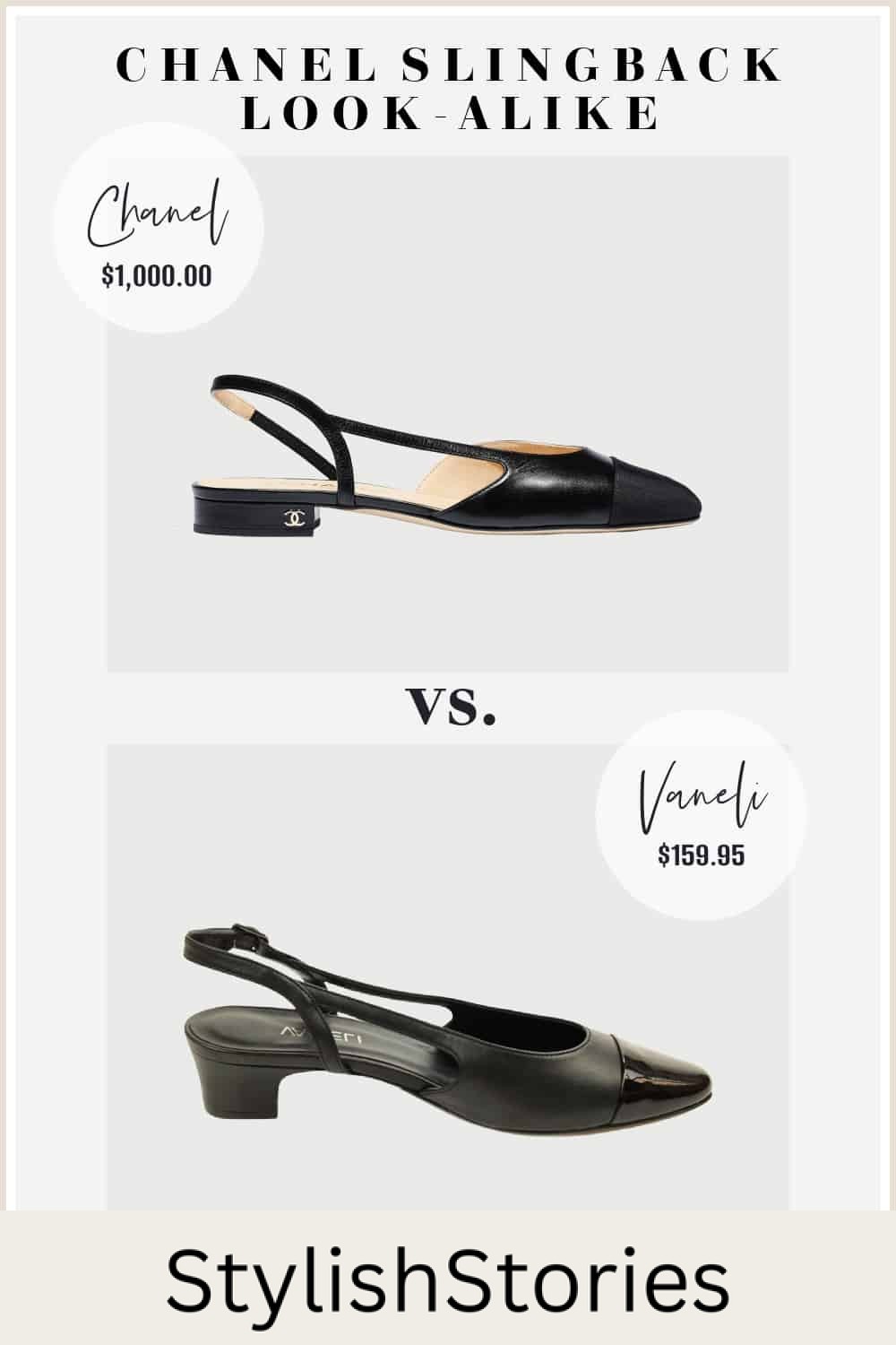 image comparing a low black Chanel slingback pump with a look-alike shoe