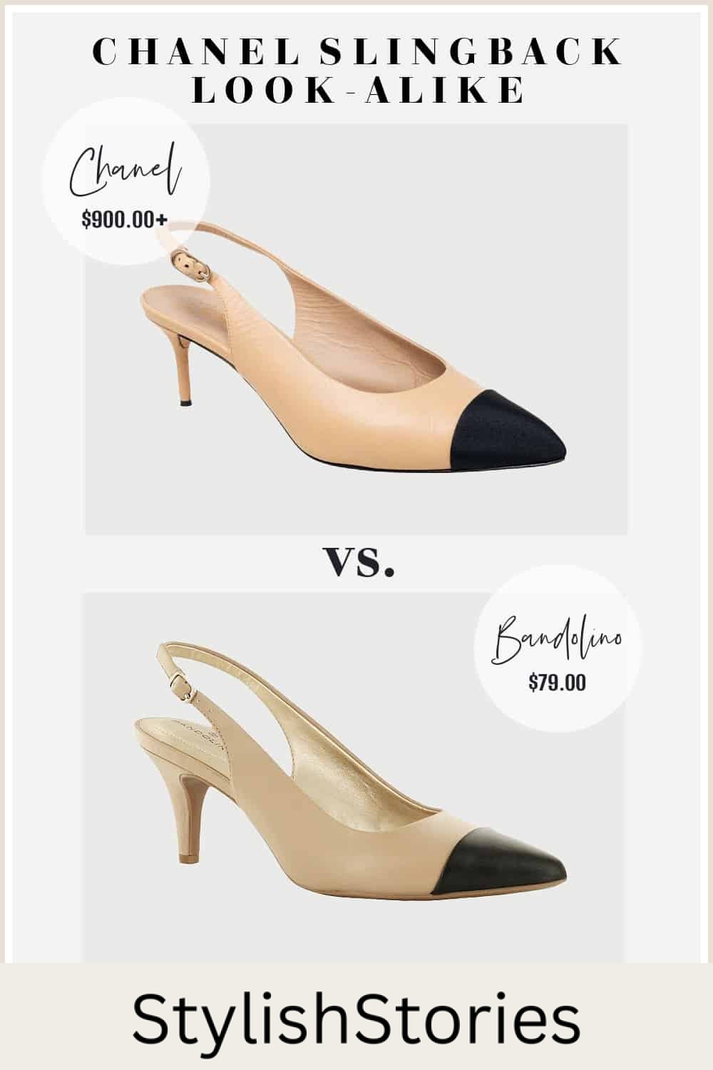 image comparing a vintage Chanel slingback pump with a look-alike shoe