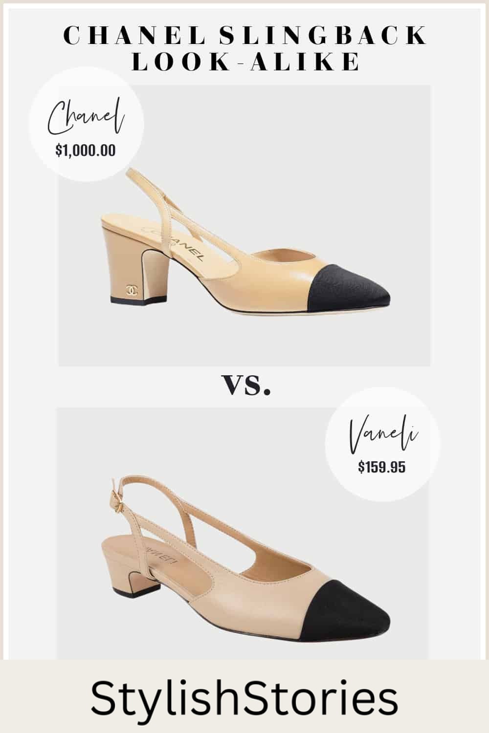 image comparing a Chanel slingback pump with a look-alike shoe