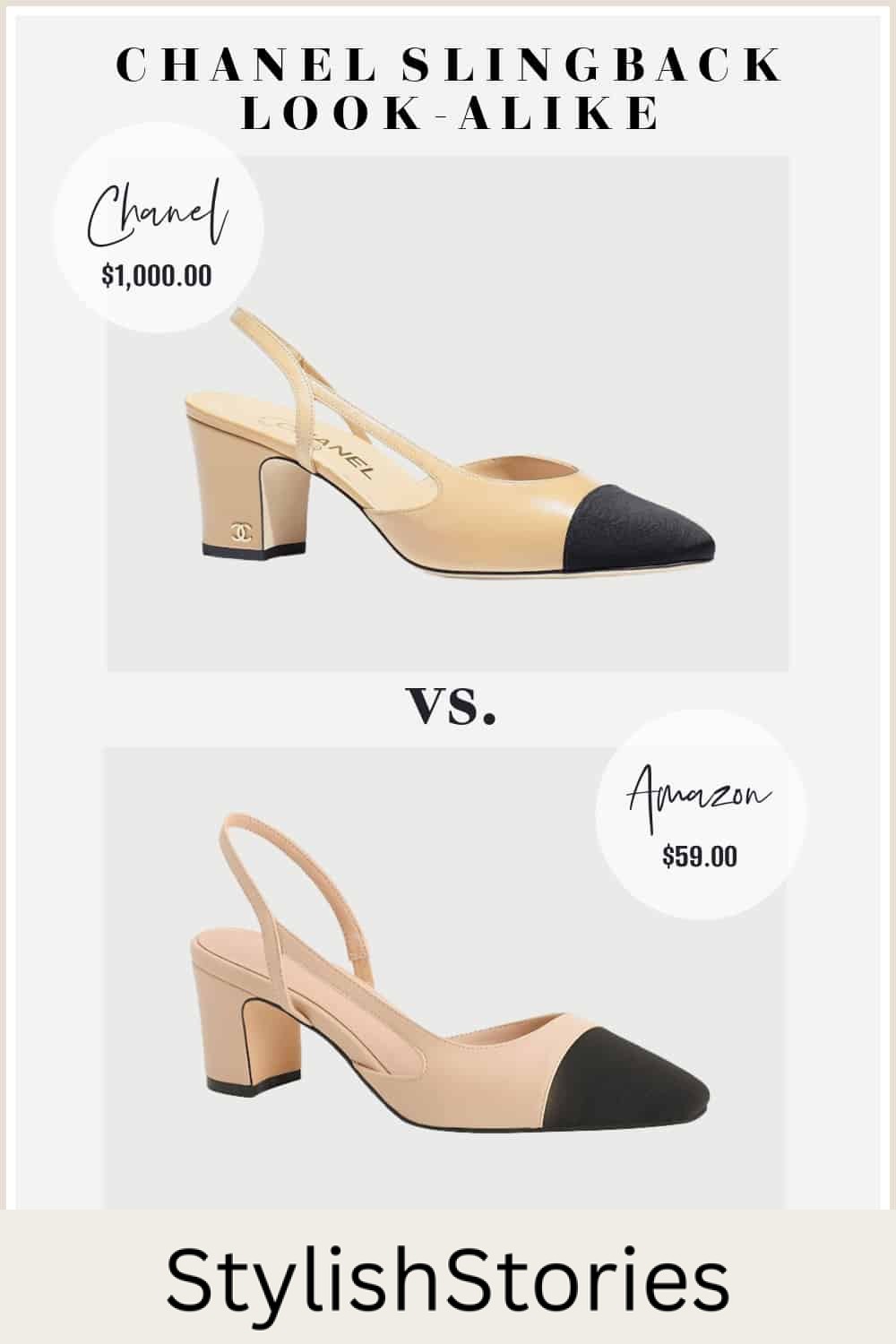 image comparing a beige Chanel slingback pump with a look-alike shoe