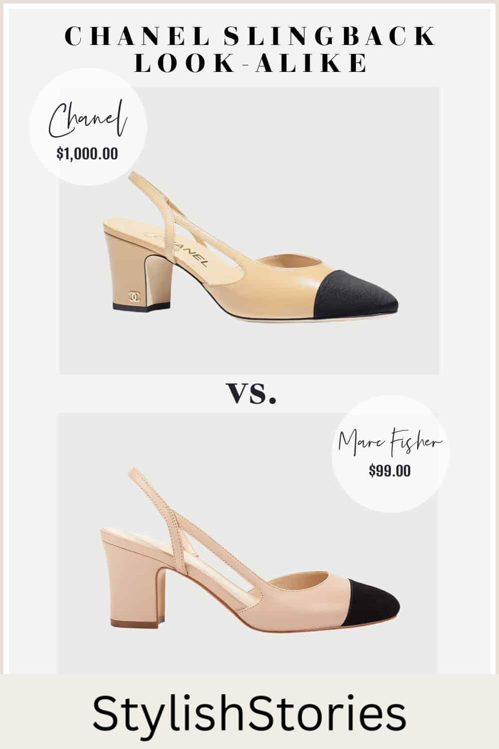 image comparing a tan Chanel slingback pump with a look-alike shoe