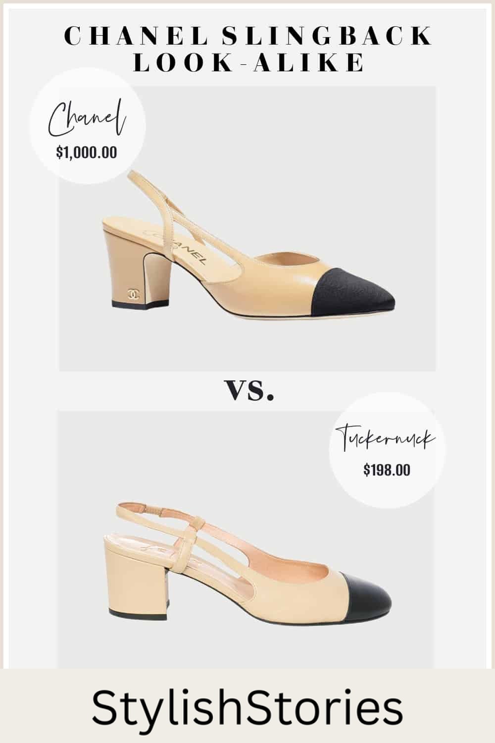 image comparing a classic Chanel slingback pump with a look-alike shoe