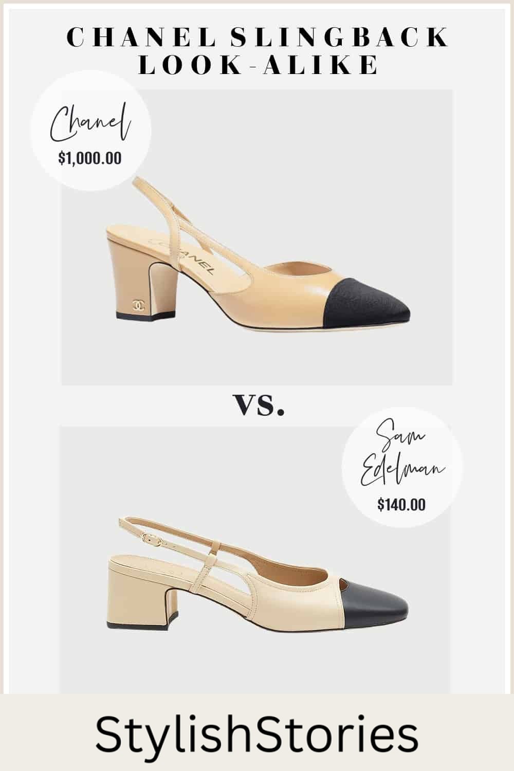 image comparing a Chanel slingback pump with a very similar look-alike shoe