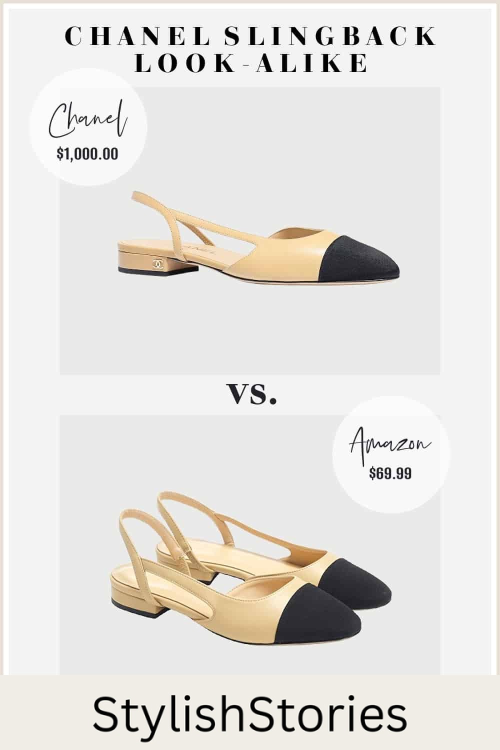 image comparing a low Chanel slingback pump with a look-alike shoe